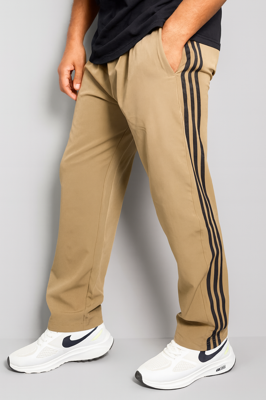 Beige Loose Fit Track Pant / Lower with 3 Stripes – Minimal Fashion Look
