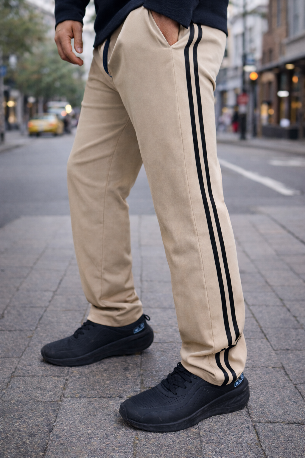 Beige  Loose Fit Lower | Track Pant with 2 Stripe