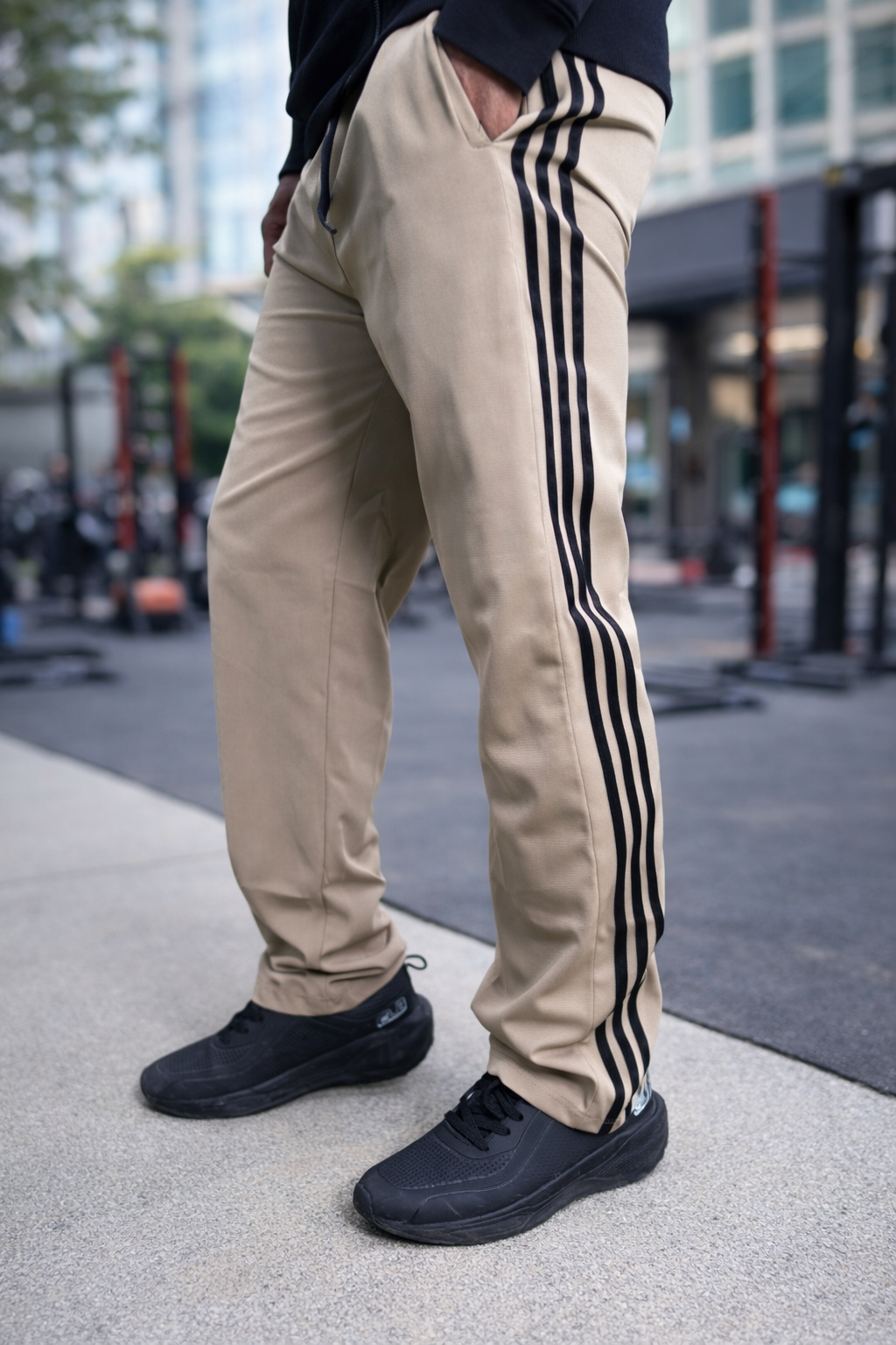 Beige Loose Fit Track Pant / Lower with 3 Stripes – Minimal Fashion Look