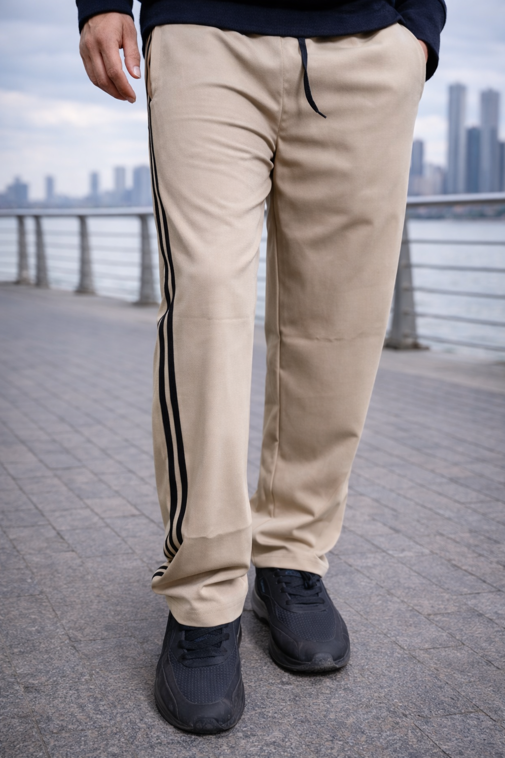 Beige  Loose Fit Lower | Track Pant with 2 Stripe