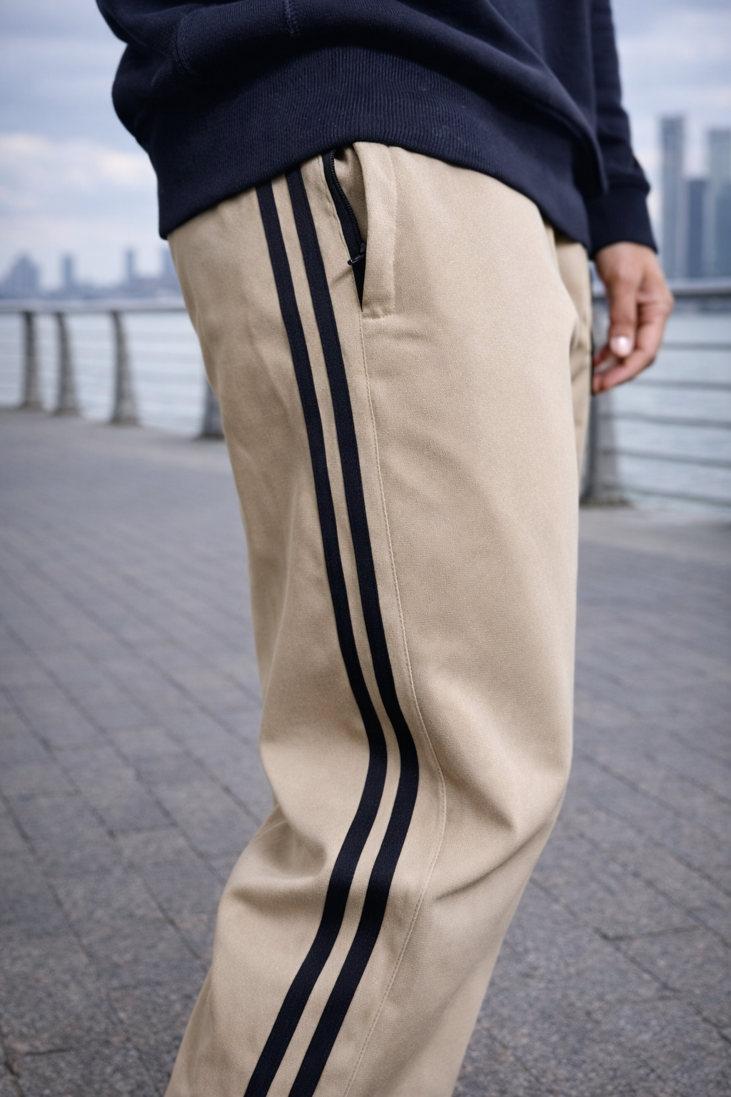 Beige  Loose Fit Lower | Track Pant with 2 Stripe