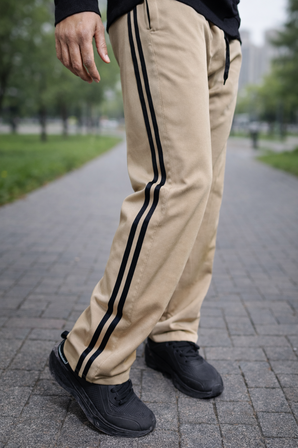 Beige  Loose Fit Lower | Track Pant with 2 Stripe